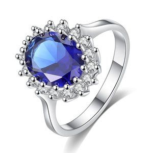 Princess Diana Ring, CZ Sapphire Solitaire Ring, Halo Bling Ring, Estate Jewelry